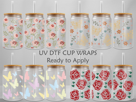 Butterfly & Rose Cup Wrap Collection - 16 oz Glass Can Wrap